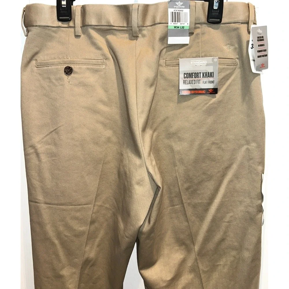 Dockers Comfort Khaki 34x32 Mens Tan Relaxed Fit Flat Front Stretch‎ Pants NWT